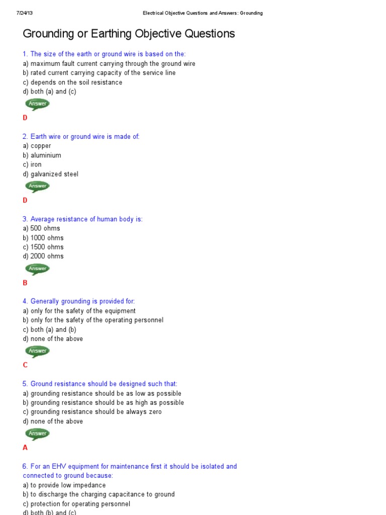 Electrical Objective Questions and Answers Grounding PDF
