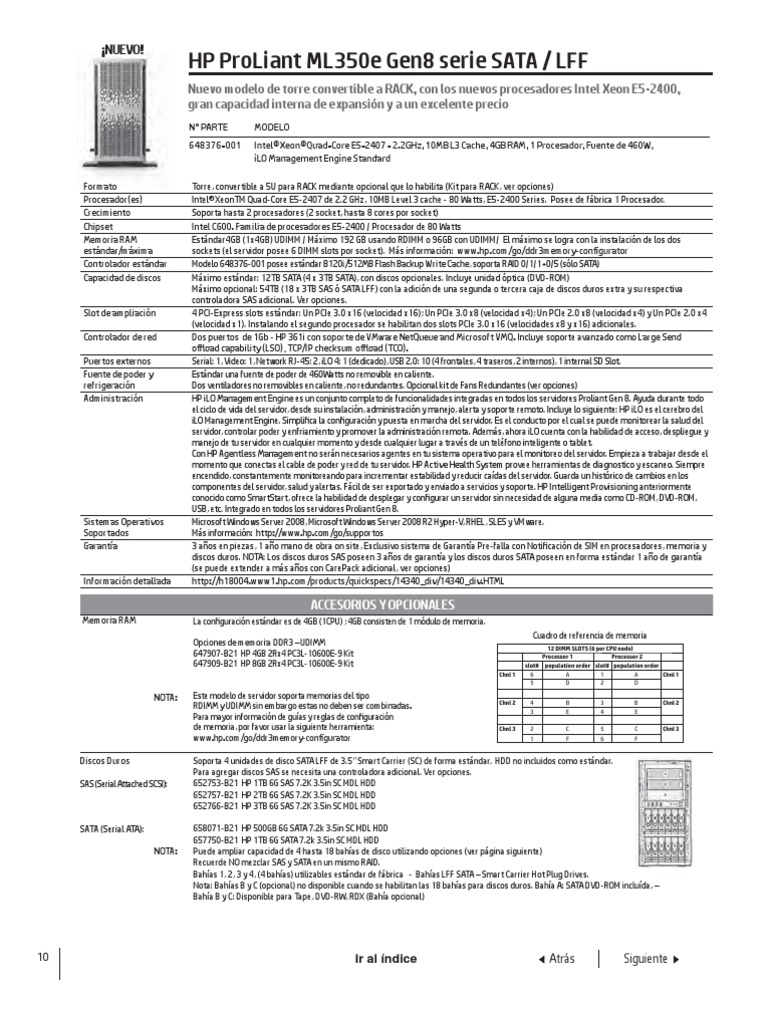 Especificaciones del HP ProLiant ML350e Gen8 | PDF | Servidor ...
