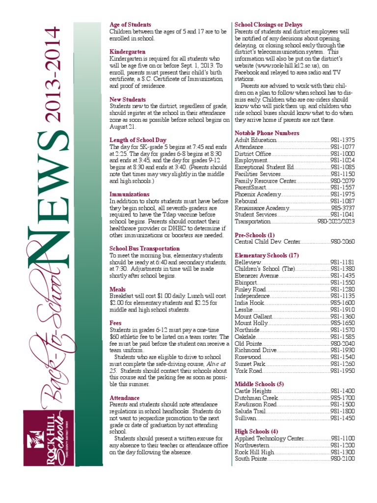 2013 2014 Rock Hill School District Calendar Download Free PDF