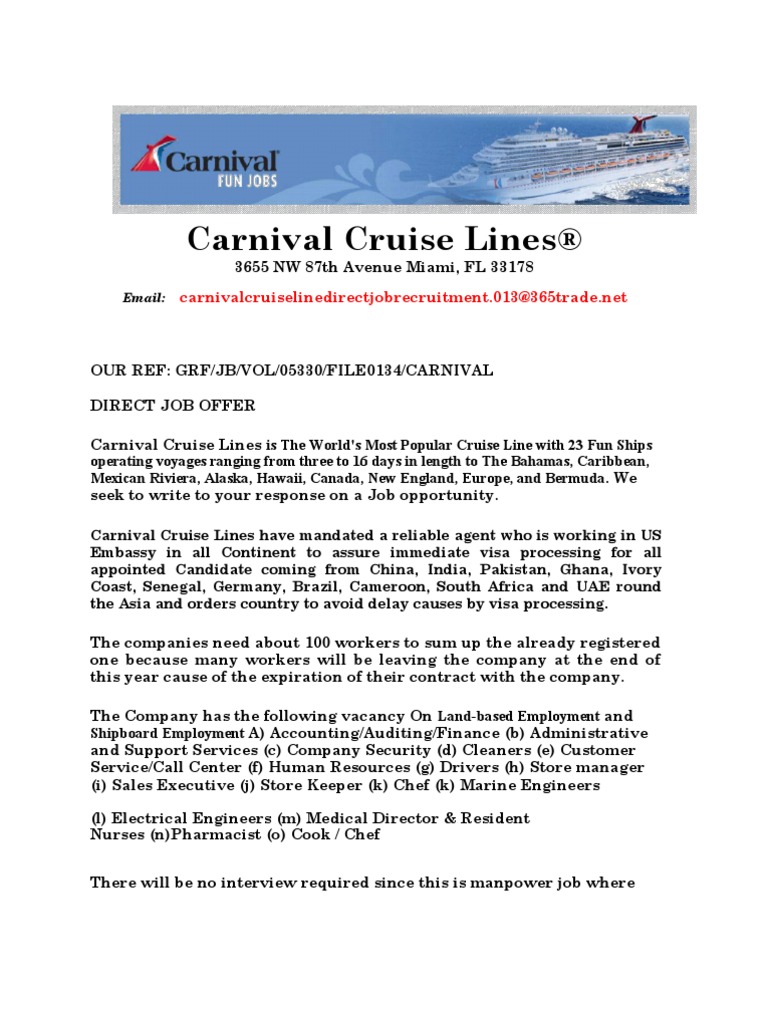 Carnival Job Offer Travel Visa Employment