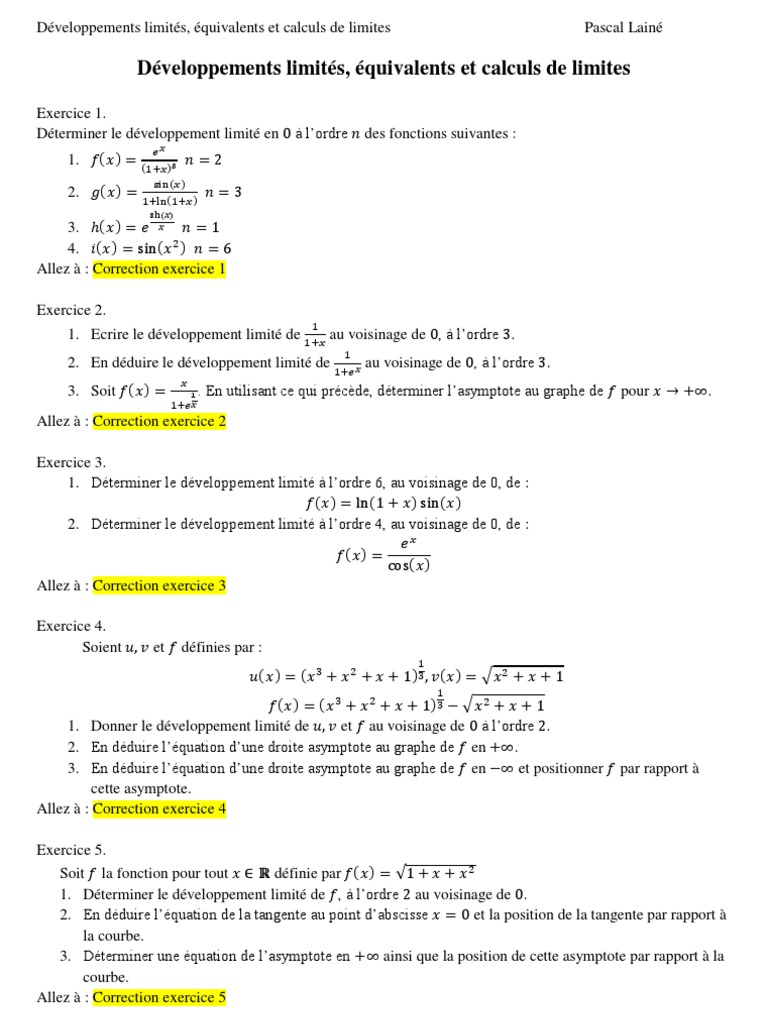Exercices corrigés sur le développement limité PDF Asymptote — free download
