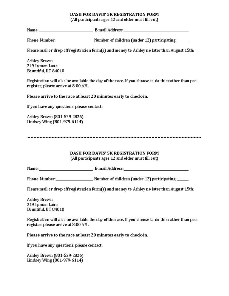 REGISTRATION FORM - Dash For Davis' 5K | PDF