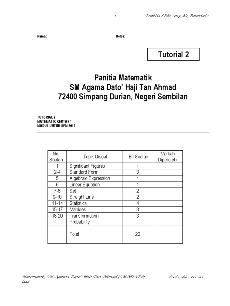 SKOR MATEMATIK SPM - SET 2