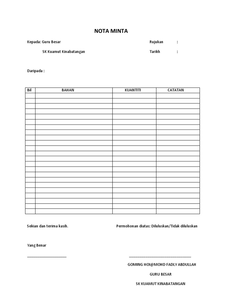 Contoh Nota Minta Sekolah Rendah | PDF
