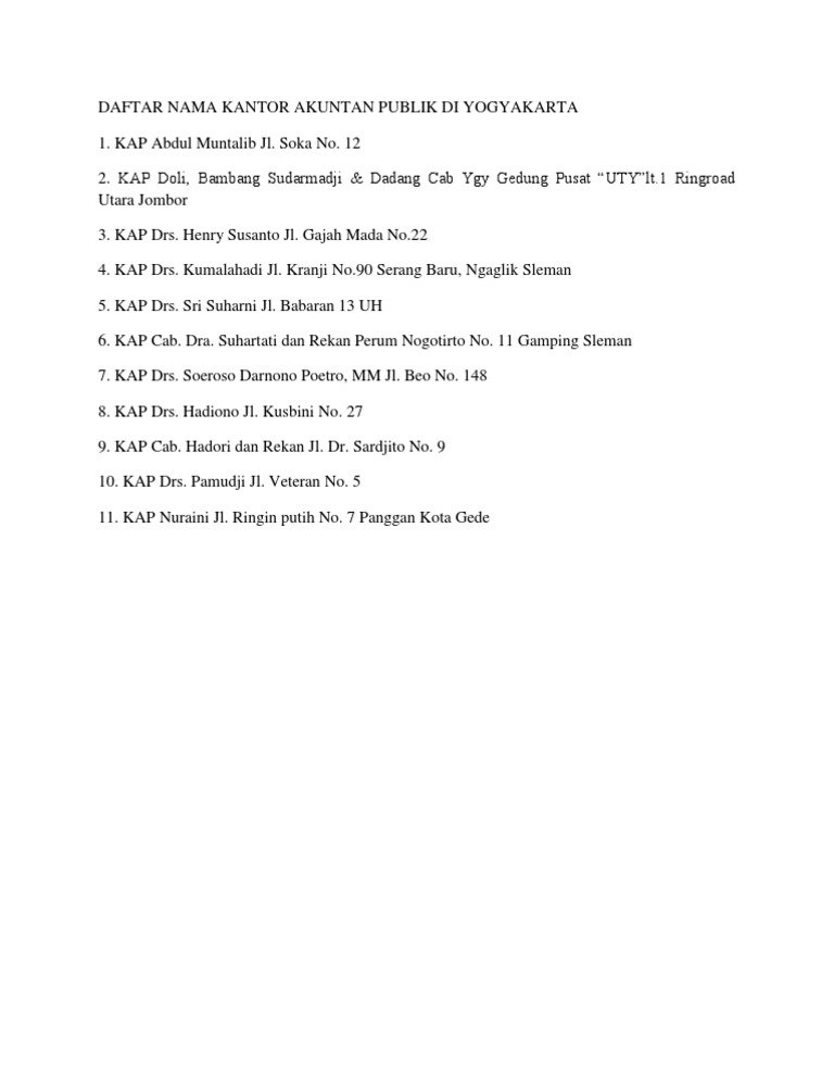 Daftar Nama Kantor Akuntan Publik Di Yogyakarta