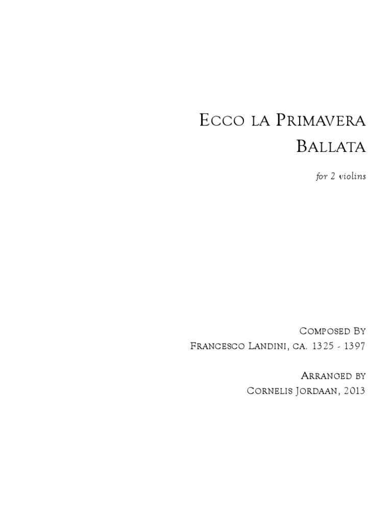 Francesco Landini Ecco La Primavera Ballata For 2 Violins Pdf