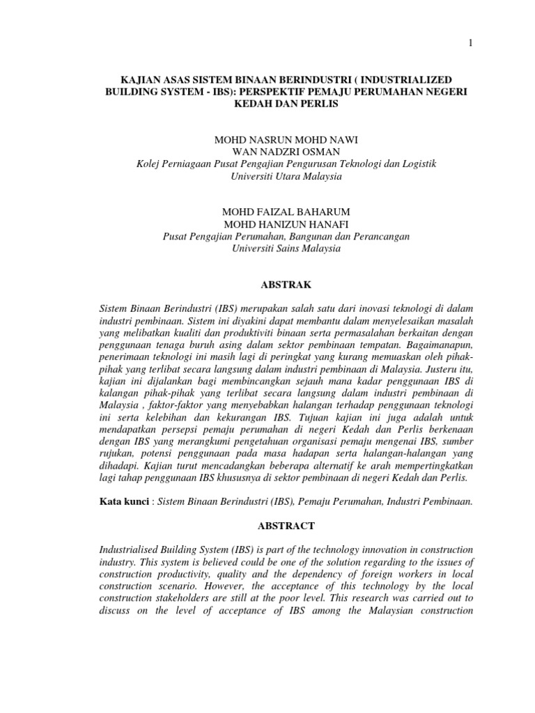 Kajian Asas Sistem Binaan Berindustri Industrialized Building System Ibs Perspektif Pemaju Perumahan Negeri Kedah Dan Perlis Pdf