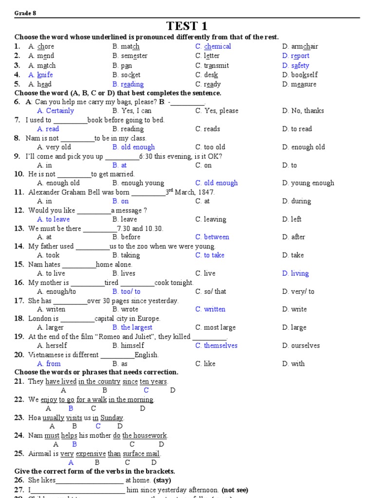 Grade 8 English Test Questions and Answers | PDF | Art