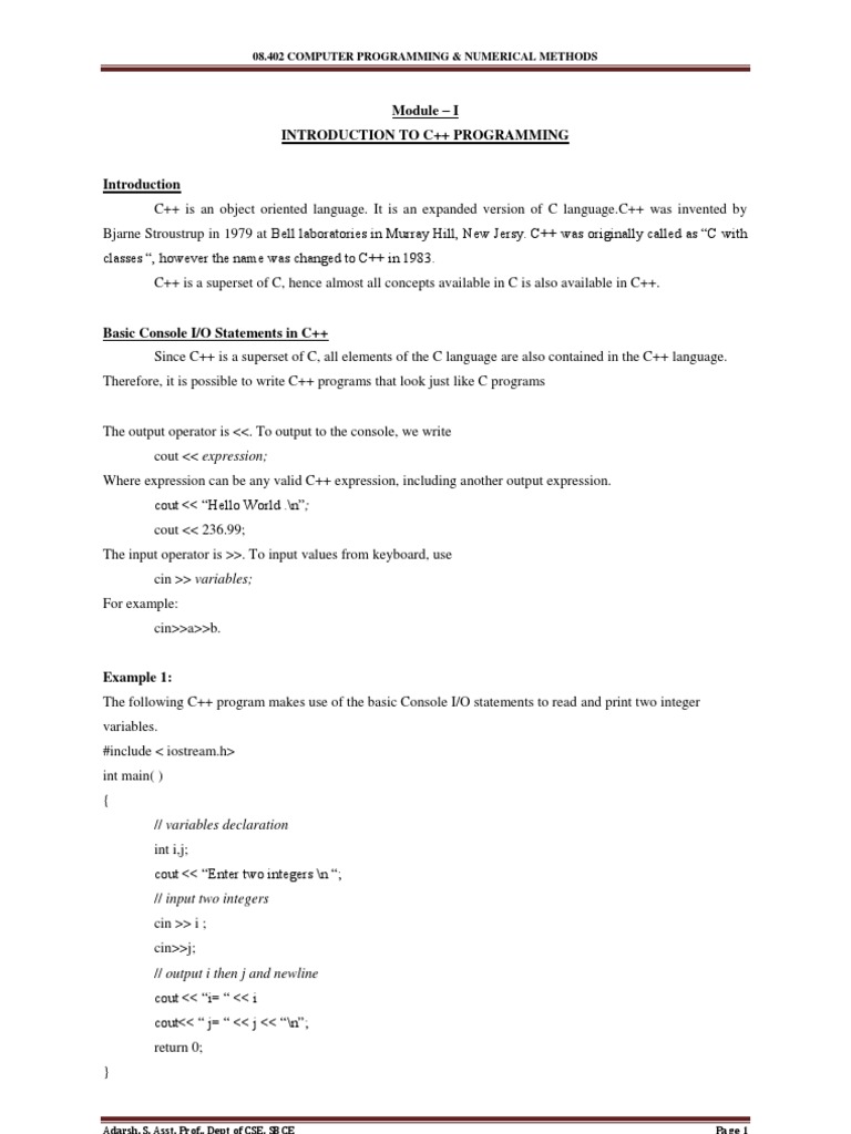 Module - I Introduction To C++ Programming: 08.402 Computer Programming ...