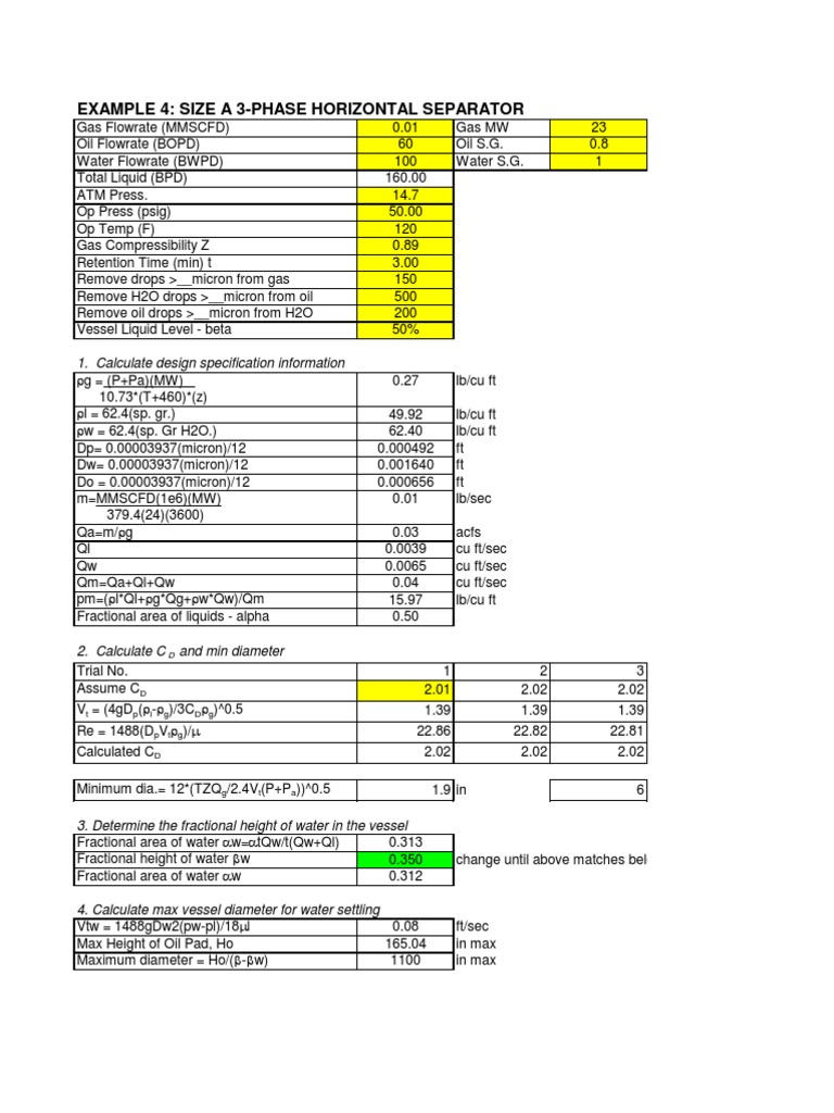 3 Phase Separator spreadsheet Continuum Mechanics Chemistry