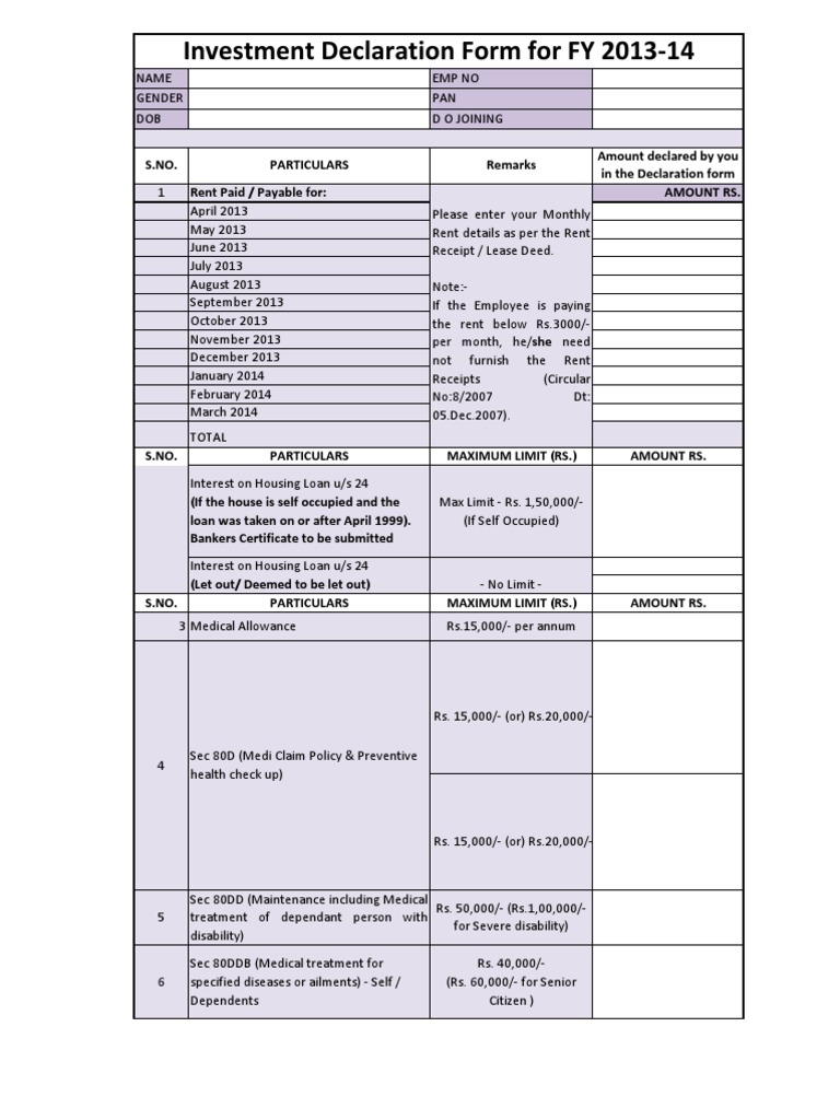 Investment Declaration Form FY 2013-14 | PDF | Financial Services ...