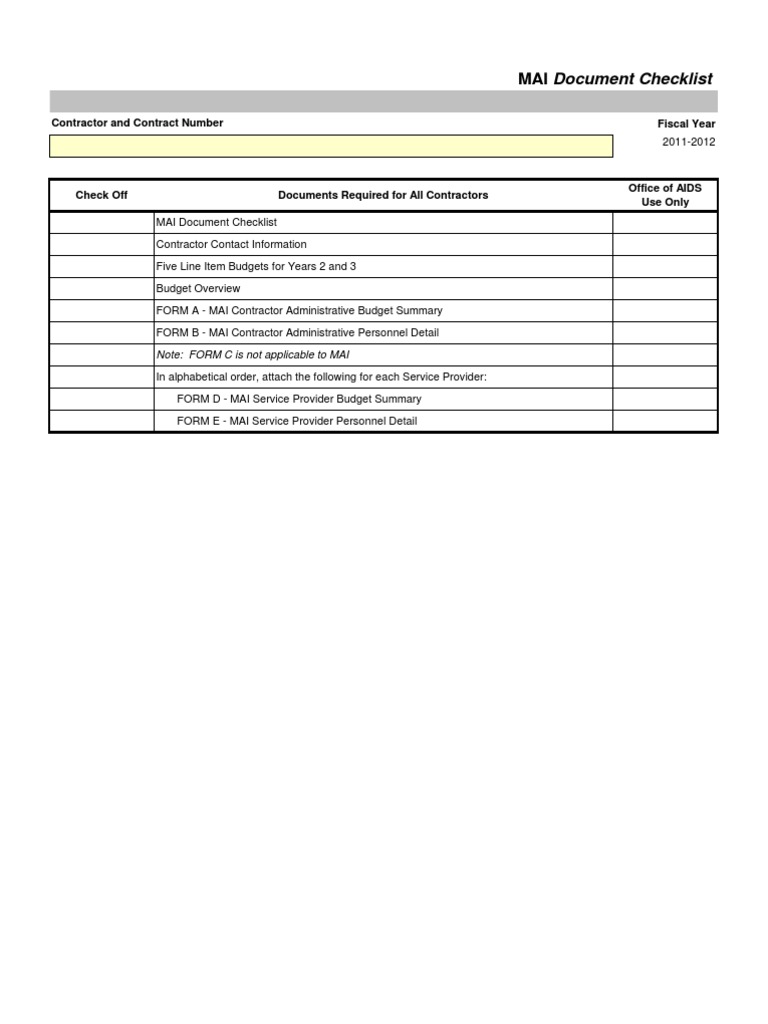 MAI Document Checklist: Fiscal Year Contractor and Contract Number ...