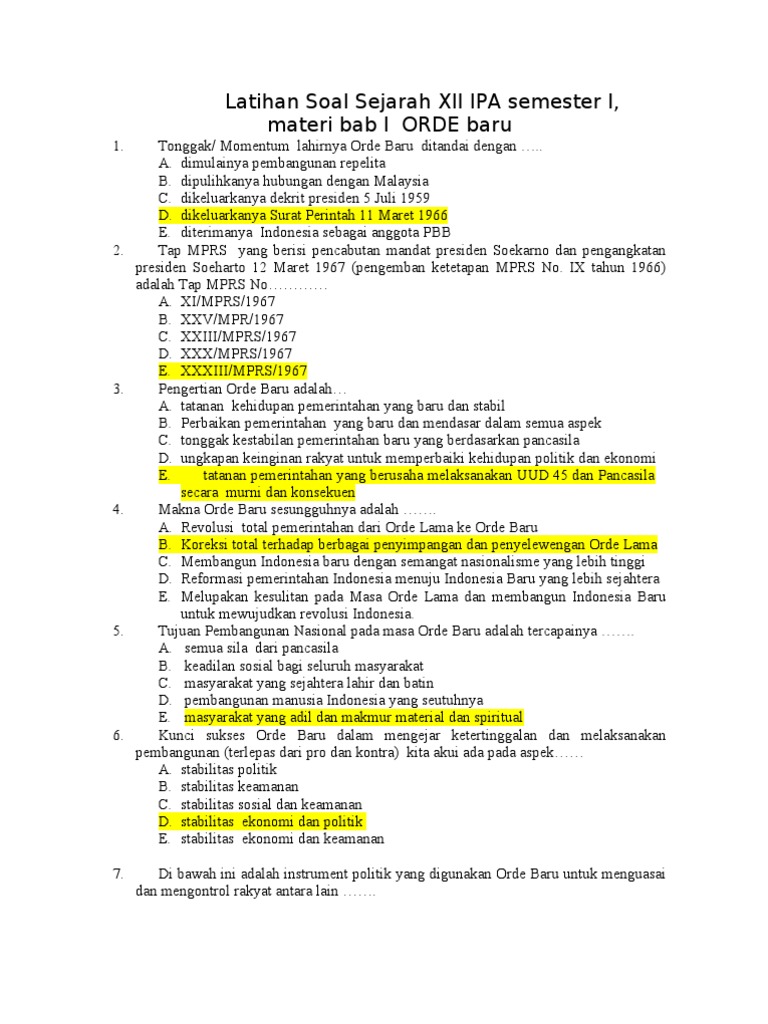 Latihan Soal Sejarah Xii Ipa Semester 1