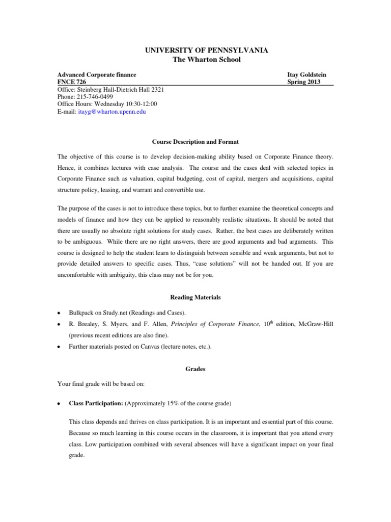 Advanced Corporate Finance Course Overview | PDF | Test (Assessment ...