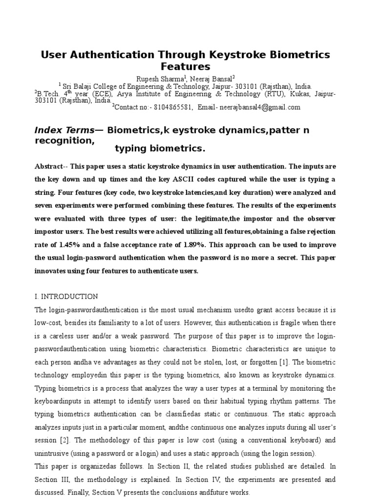 TDU Authentication Key via Keystroke Dynamics | PDF | Biometrics ...