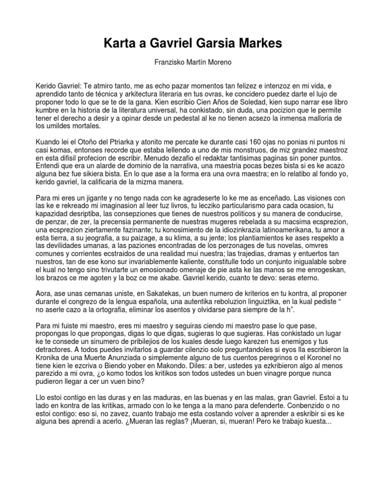 Carta a Gabriel García Márquez  Ficción y literatura 