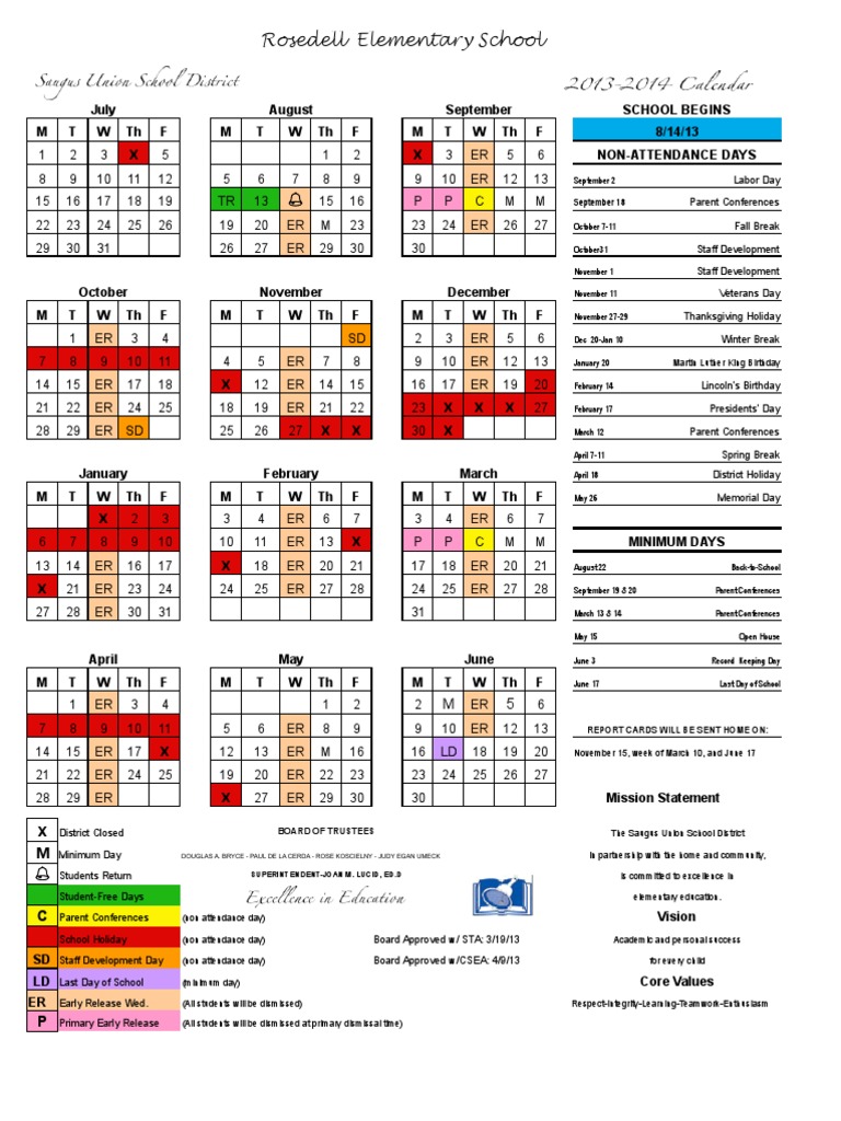 2013 14 Rosedell Calendar PDF Observances Holidays