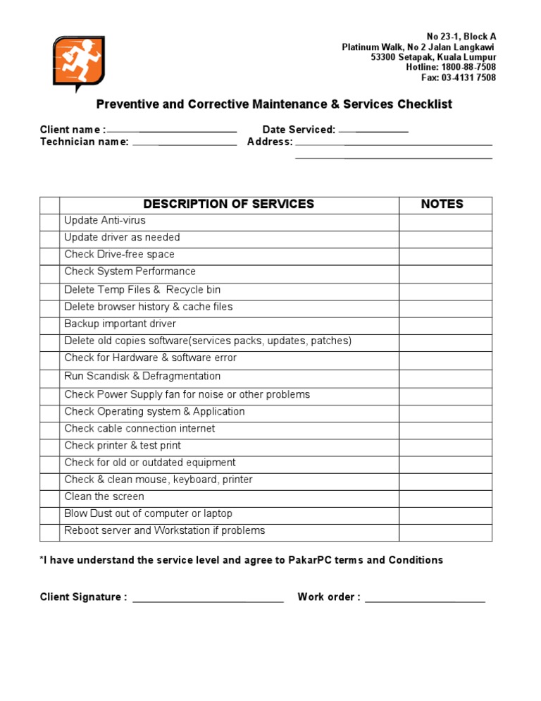 P Maintenance Checklist