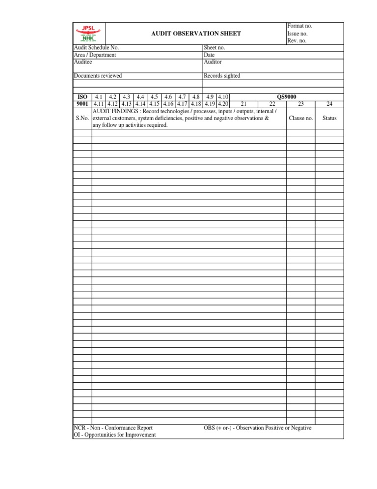 ISO QS9000 9001: Audit Observation Sheet | PDF | Business | Accounting ...
