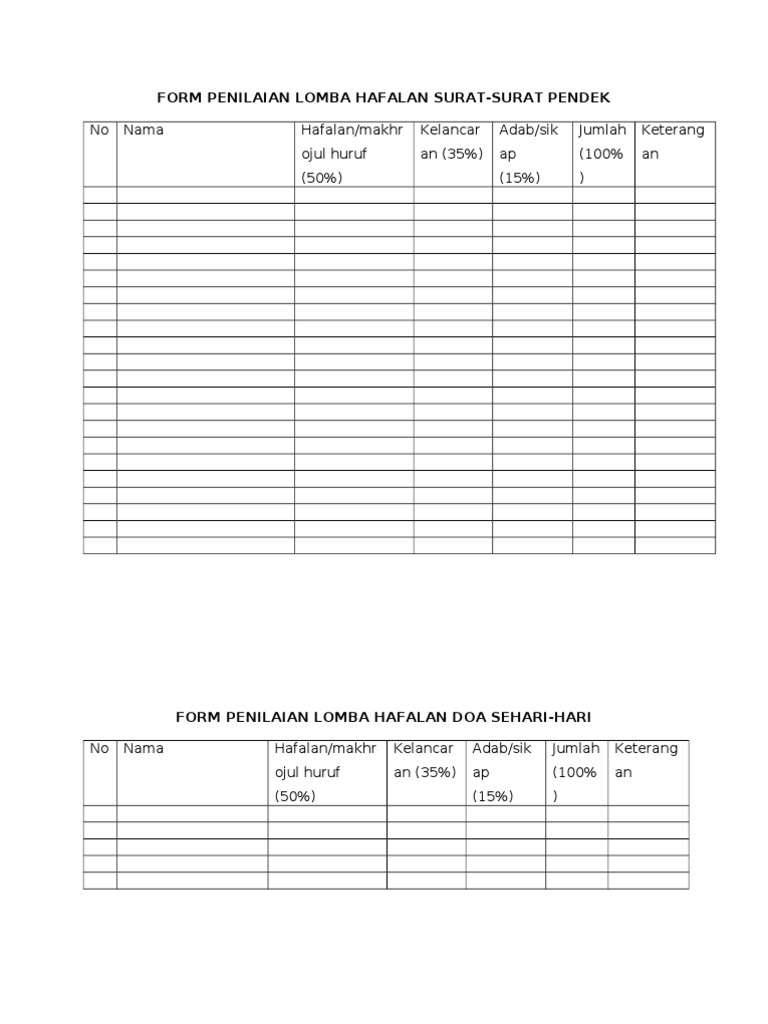 Form Penilaian Lomba Hafalan Surat Doc