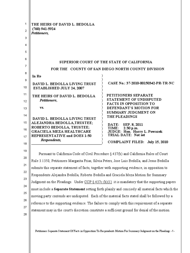 Separate Stament in Opposition To Summary Judgement Probate/ Attorney  Roland Achtel | PDF | Summary Judgment | Legal Procedure