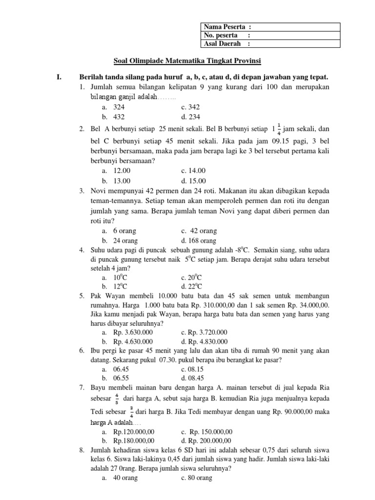 Soal Olimpiade Matematika Tingkat Provinsi