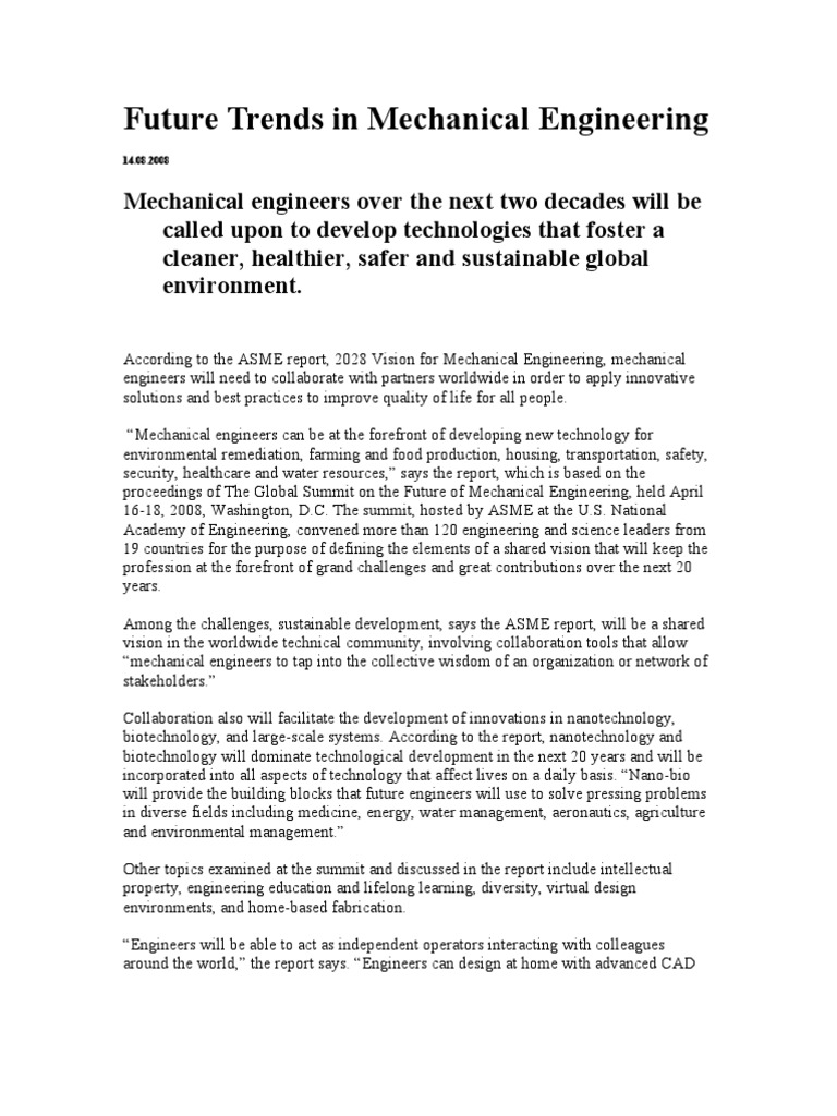 Future Trends in Mechanical Engineering | PDF | Mechanical Engineering ...
