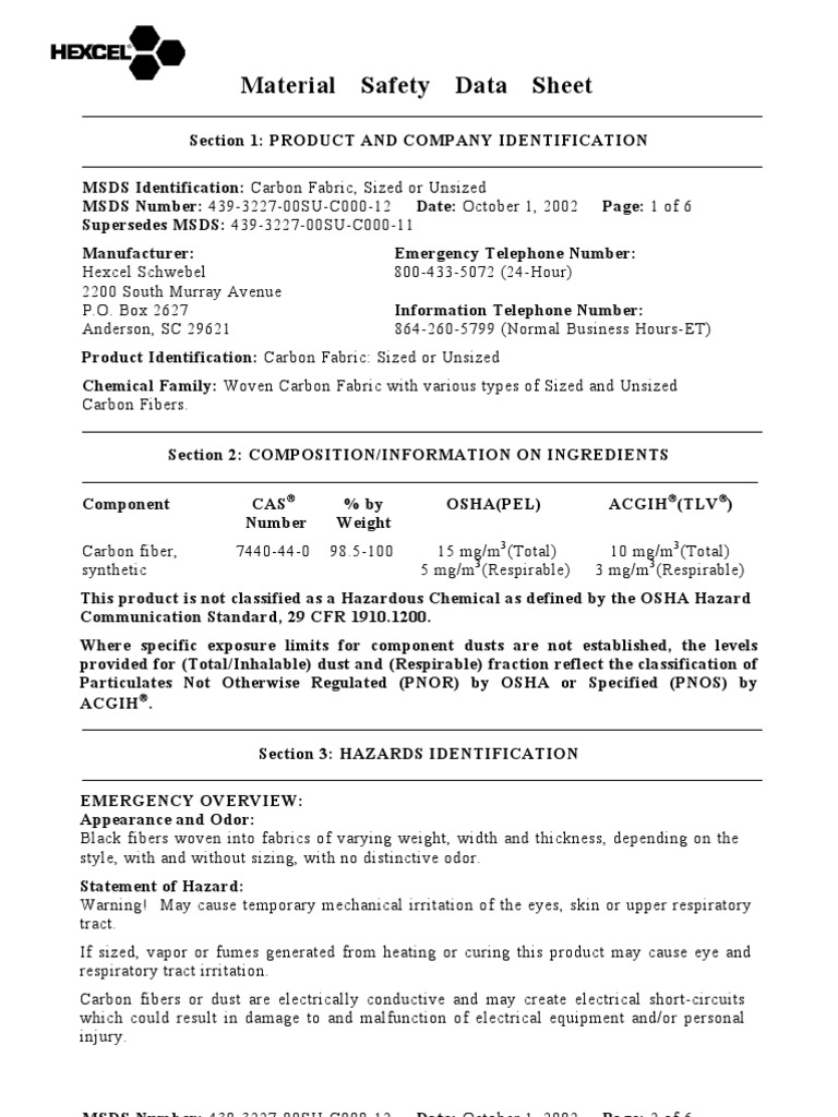 MSDS Carbon Fiber Sheet PDF PDF Toxicity Resource Conservation