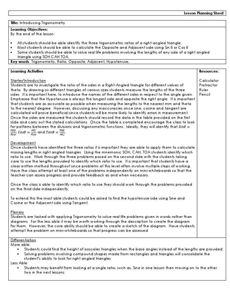 Lesson Plan Trig Intro | Trigonometric Functions | Trigonometry