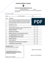 Thapar University, Patiala: Check List of Documents (2013-14)