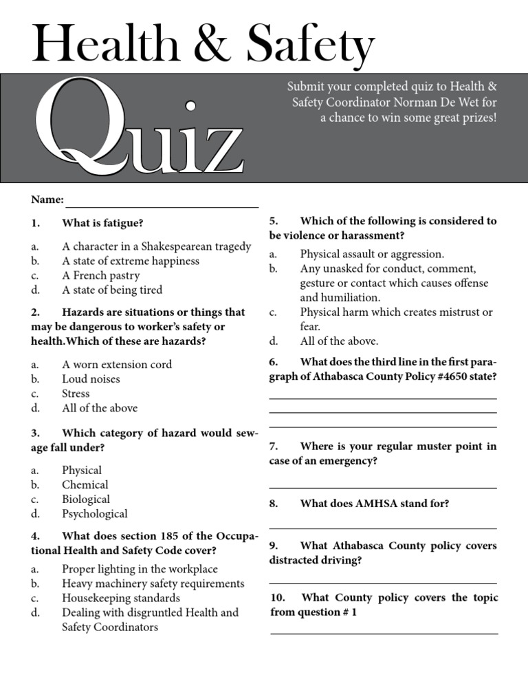 Printable Workplace Safety Quiz With Answers