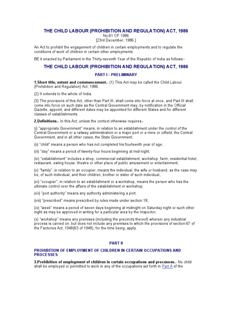 The Child Labour (Prohibition and Regulation) Act, 1986 | PDF | Law