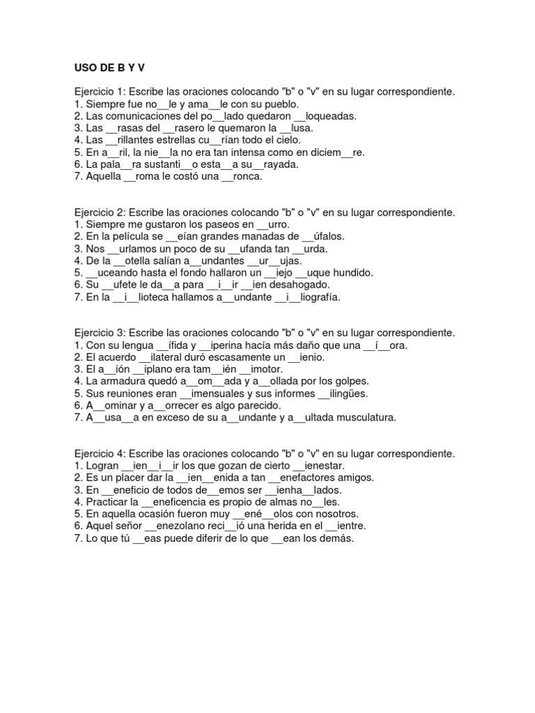 Ejercicios de uso de B y V | PDF | Artes del Lenguaje y Comunicación ...