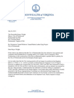 VDOT Commissioner Greg Whirley letter to Portsmouth Mayor Kenny Wright on Midtown Tunnel project, utility work