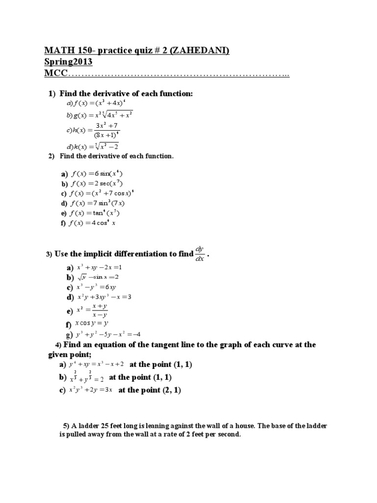 MATH 150 Spring 2013 Quiz 2 | PDF