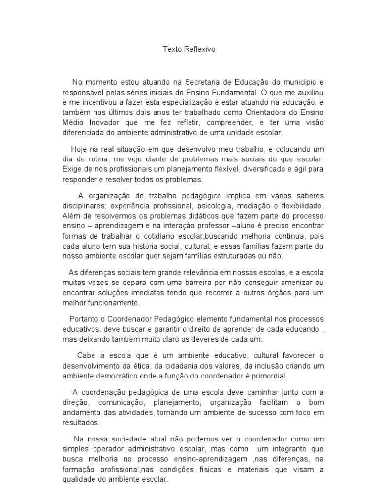 Texto Reflexivo | PDF | Pedagogia | Escolas