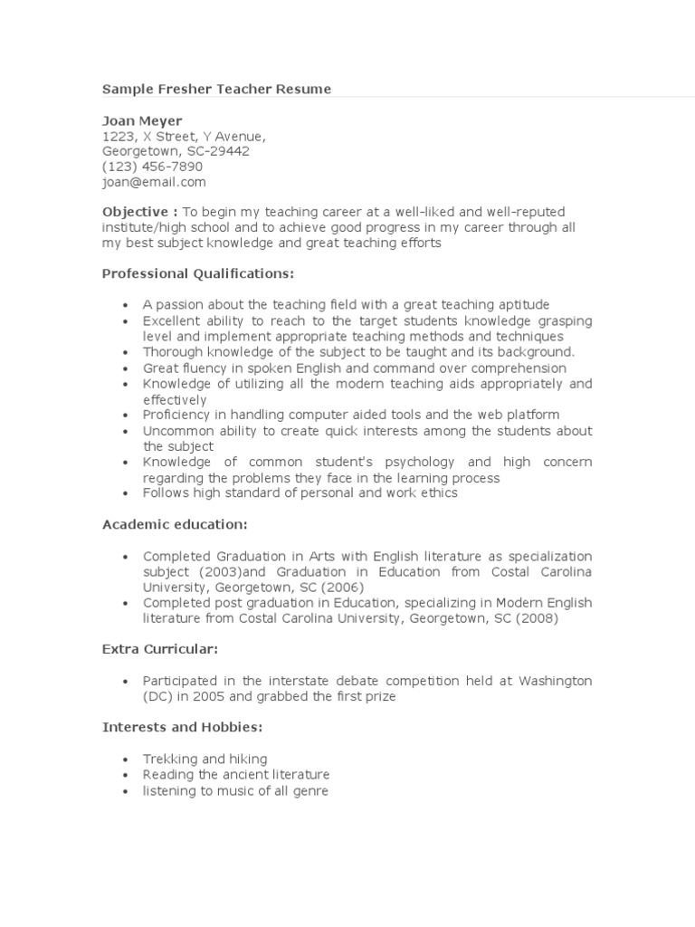 Sample Fresher Teacher Resume Students University Sample Fresher Teacher Resume Students University