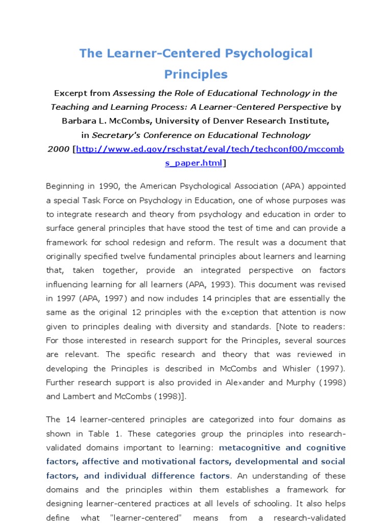 research about learner centered psychological principles