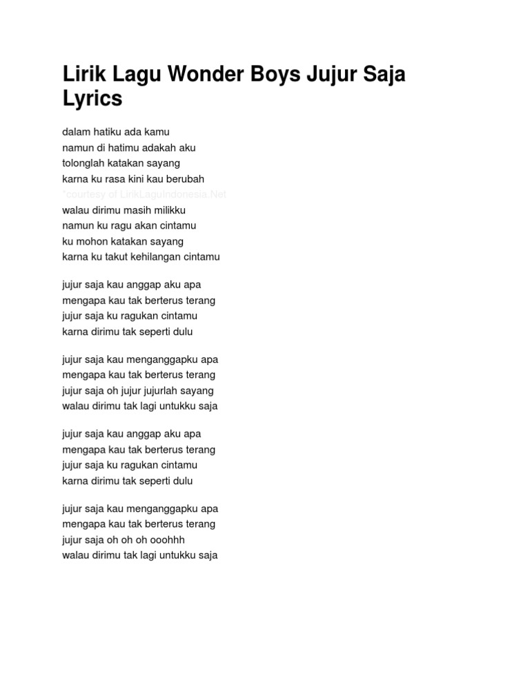 Lirik Lagu Wonder Boys Jujur Saja Lyrics Pdf
