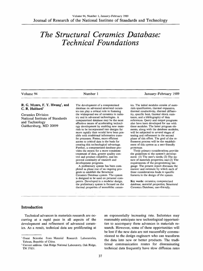 The Structural Ceramics Database Technical Foundations Download Free