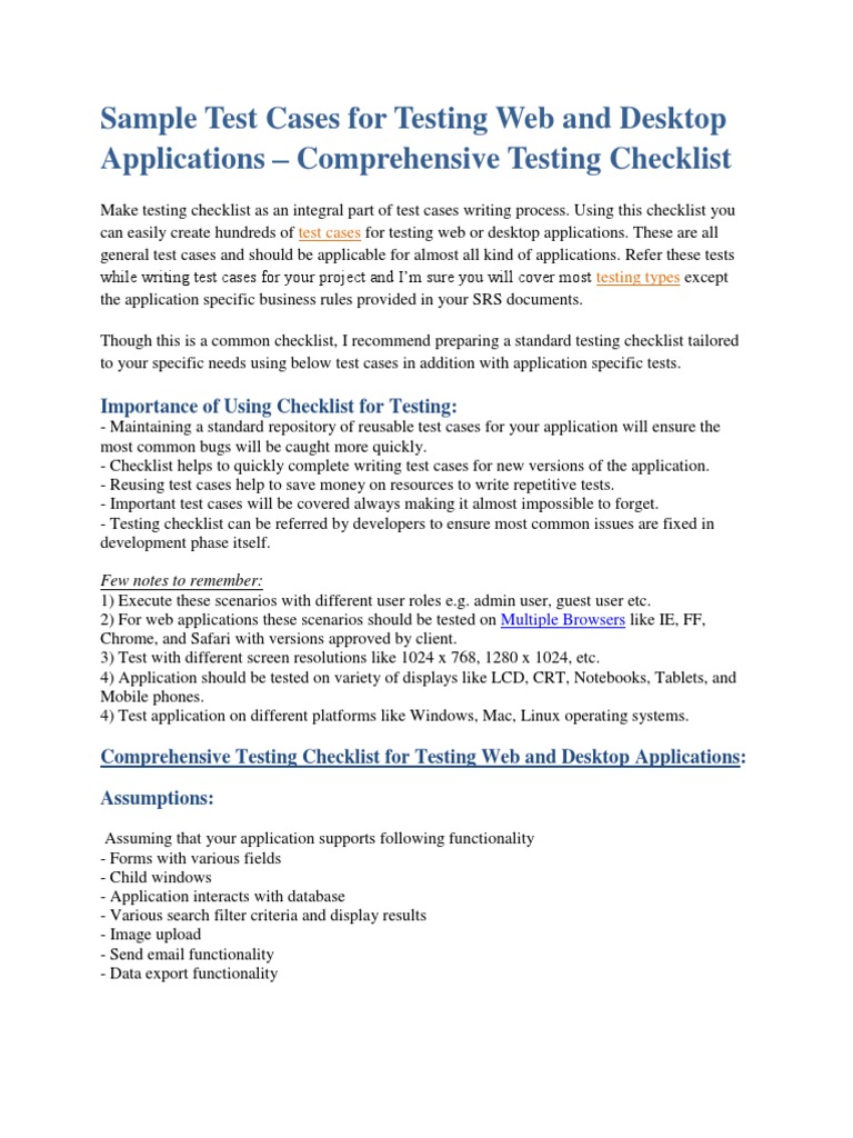 Sample Test Cases For Testing Web and Desktop Applications | PDF ...