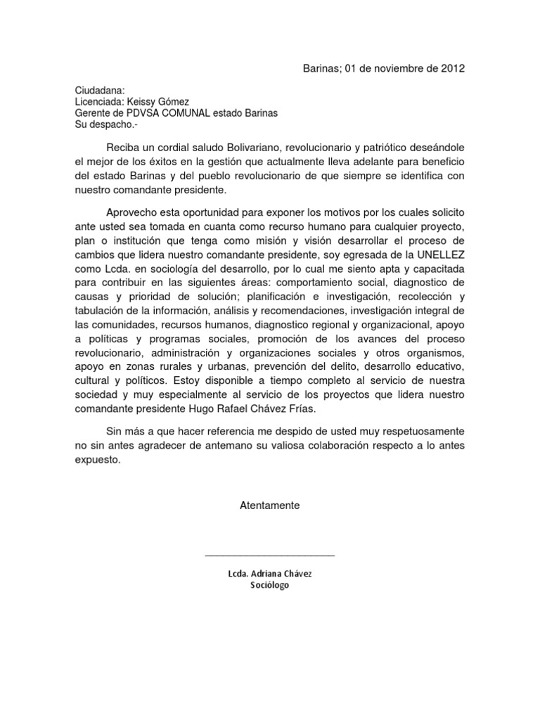 Carta de Solicitud de Trabajo  Hugo Chavez  Recursos humanos  Prueba