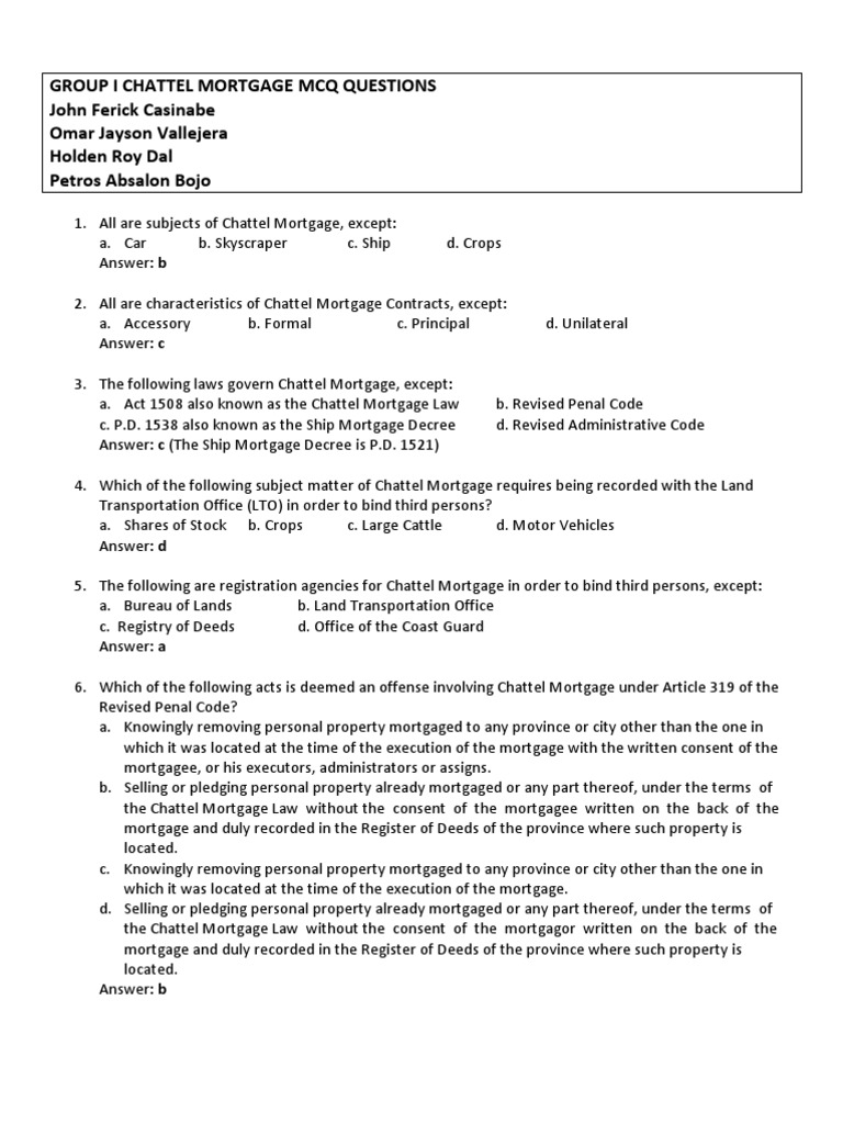 Chattel Mortgage MCQ Overview | PDF | Foreclosure | Mortgage Law
