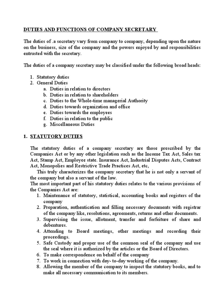 Duties and Functions of Company Secretary | PDF | Board Of Directors ...