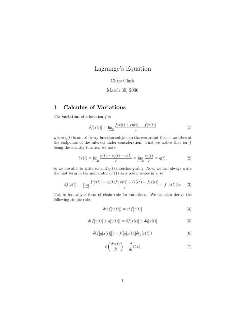 Lagrange's Equation 1 Calculus of Variations PDF Lagrangian