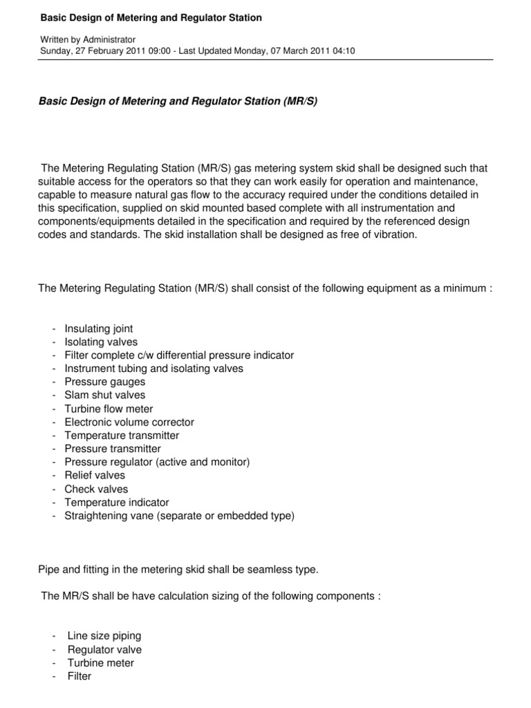 Metering and Regulator Station Design | PDF | Valve | Flow Measurement