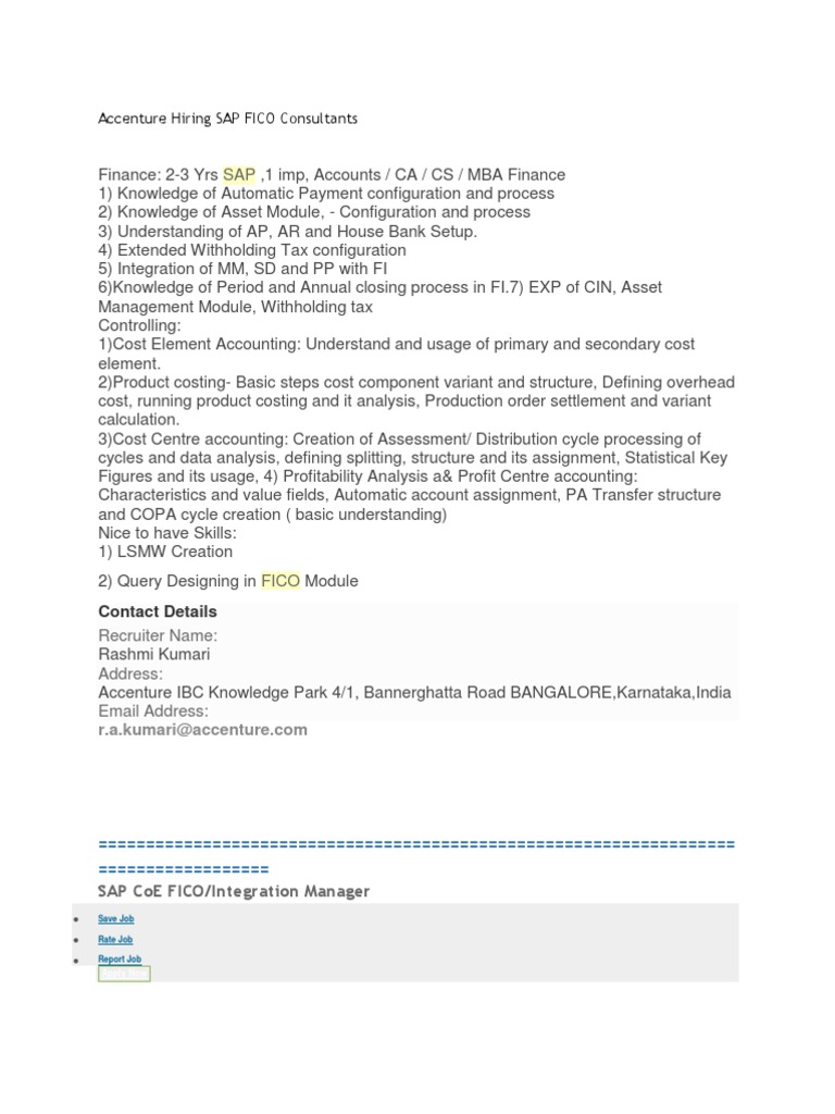 SAP FICO Consultants Job | Download Free PDF | Business Process | Sap Se