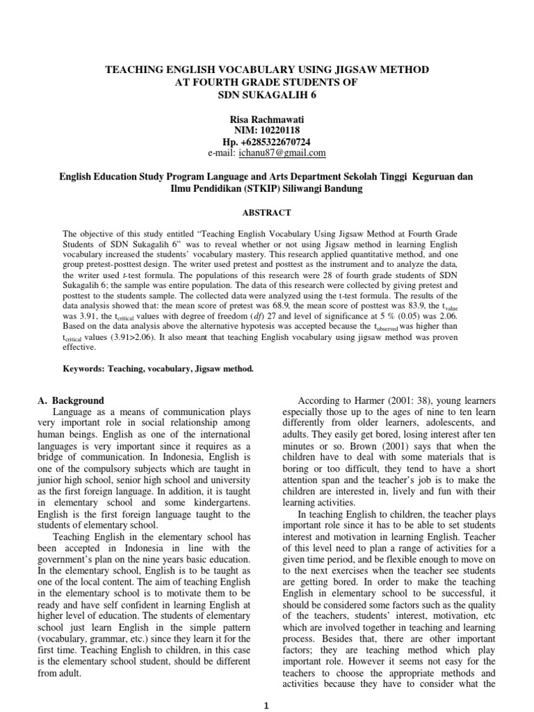 Teaching English Vocabulary Using Jigsaw Method PDF Teaching