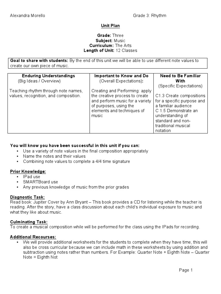 Music Unit Plan | PDF | Educational Assessment | Musical Compositions
