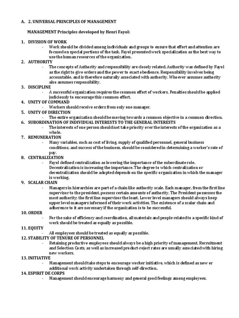 Fayol's 14 Universal Management Principles | PDF | Decentralization ...